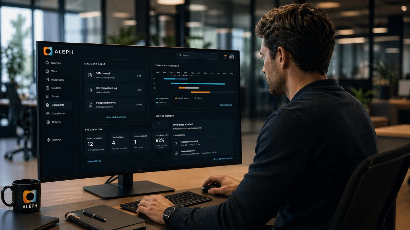 Illustration of compliance evidence, service documents, and KPI panels inside Aleph Facility Manager.