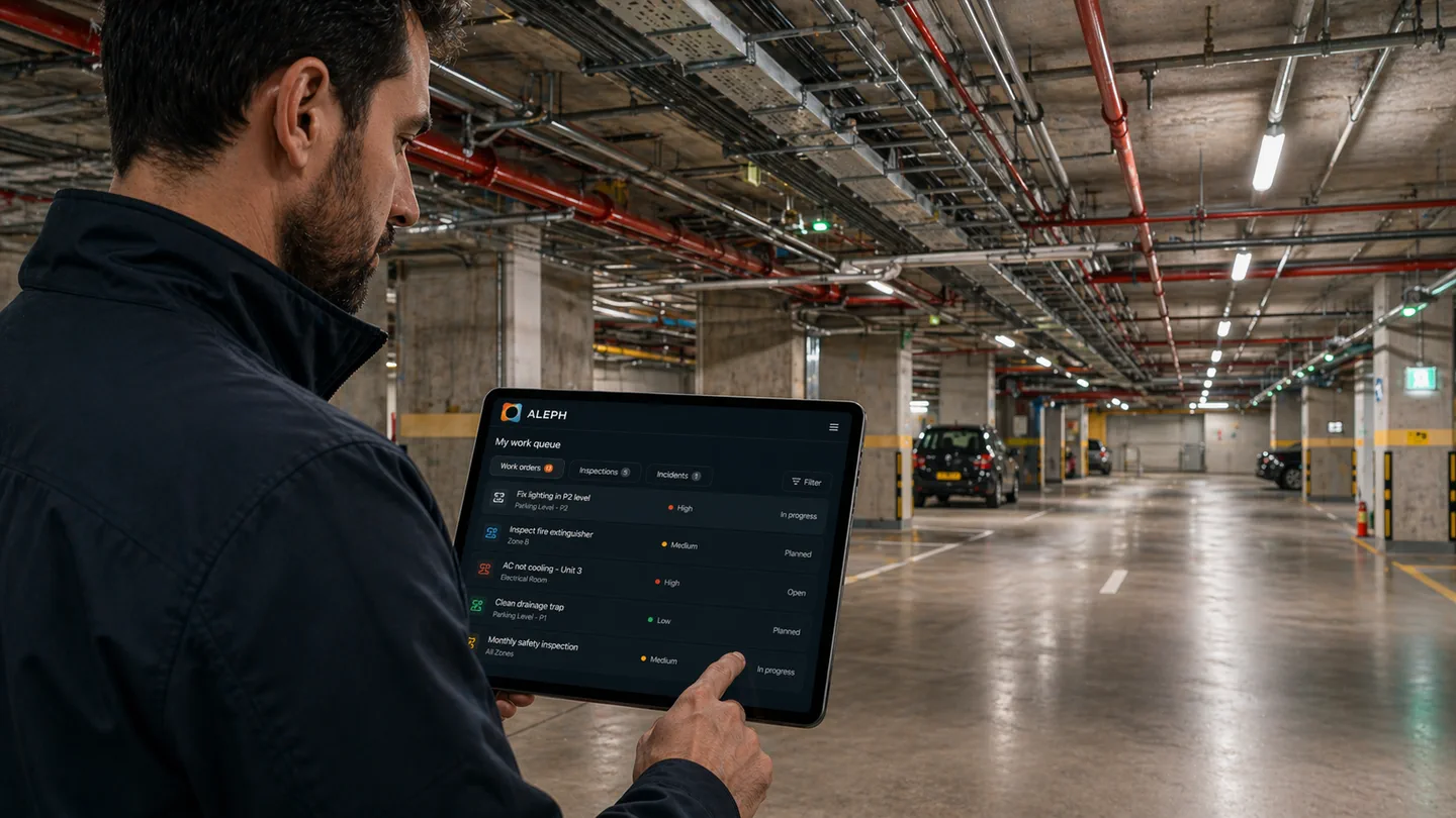Illustration of Facility Manager operations with work lanes, plan markers, and action cards.