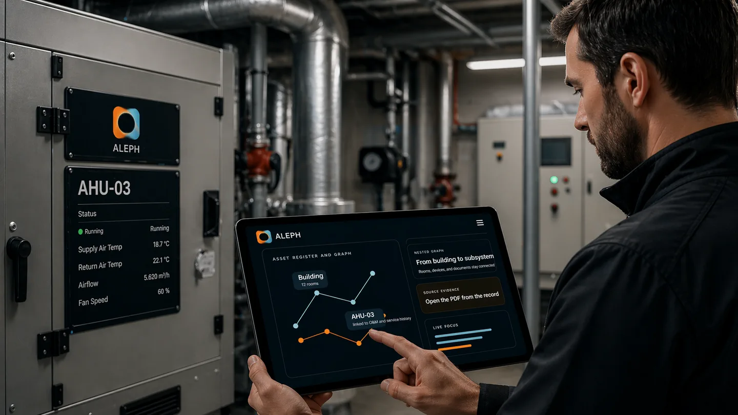 Illustration of the Facility Manager asset register and twin graph mapped across building systems.
